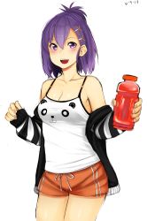Rule 34 | 1girl, :d, absurdres, bare shoulders, blush, bottle, breasts, camisole, cleavage, cowboy shot, dated, gabriel dropout, hair between eyes, hair ornament, hairclip, highres, holding, holding bottle, jacket, looking at viewer, medium breasts, off shoulder, open mouth, orange shorts, otxoa60, purple eyes, purple hair, short hair, short shorts, shorts, simple background, smile, solo, vignette tsukinose april, white background, x hair ornament