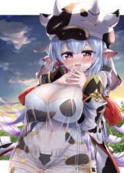 Rule 34 | 1girl, :d, absurdres, animal ears, animal print, bikini, blue hair, blue sky, blush, breasts, catura (granblue fantasy), cleavage, cloud, commentary request, cow ears, cow girl, cow hat, cow hood, cow horns, cow print, cow tail, cowboy shot, detached collar, detached sleeves, draph, ear piercing, granblue fantasy, hair between eyes, highleg, highleg bikini, highres, horns, large breasts, long hair, looking at viewer, midriff, mikage (shibi), navel, open fly, open mouth, own hands together, piercing, pointy ears, purple eyes, see-through, shorts, sidelocks, sky, smile, solo, standing, sunrise, swimsuit, tail, thighhighs, white bikini, white shorts