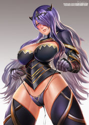 Rule 34 | badcompzero, black thighhighs, blush, breasts, camilla (fire emblem), fire emblem, fire emblem fates, gauntlets, large breasts, long hair, looking at viewer, looking down, naughty face, nintendo, purple eyes, purple hair, skindentation, smile, solo, thighhighs, thighs, thong, toned, very long hair