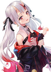 Rule 34 | 1girl, bare shoulders, black necktie, breasts, choker, collared shirt, fang, hair ornament, hair ribbon, highres, hololive, horns, jacket, long hair, long sleeves, looking at viewer, multicolored hair, nakiri ayame, nakiri ayame (streetwear), necktie, off shoulder, oni, open mouth, pleated skirt, red eyes, red skirt, ribbon, shirt, sidelocks, signature, silver hair, simple background, skin-covered horns, skin fang, skirt, sleeveless, sleeveless shirt, small breasts, smile, solo, streaked hair, takamiya so, twintails, virtual youtuber, white background, white shirt