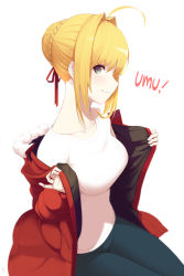 Rule 34 | 10s, 1girl, absurdres, ahoge, amejaga, blonde hair, braid, breasts, casual, closed mouth, facing away, fate/extra, fate (series), from side, fur trim, green eyes, hair bun, hair intakes, highres, jacket, long neck, long sleeves, looking at viewer, medium breasts, nero claudius (fate), nero claudius (fate) (all), nero claudius (fate/extra), open clothes, open jacket, profile, short hair, simple background, single hair bun, sitting, smile, solo, white background