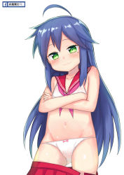 Rule 34 | 1girl, :3, ahoge, atg (wttoo0202), blue hair, blush, bow, bow panties, breasts, closed mouth, clothes pull, cowboy shot, crop top, crossed arms, gluteal fold, green eyes, highres, izumi konata, legs apart, long hair, lucky star, mole, mole under eye, navel, panties, pink bow, red sailor collar, red skirt, revision, ryouou school uniform, sailor collar, school uniform, see-through, serafuku, skirt, skirt pull, small breasts, solo, standing, thighs, translation request, underwear, very long hair, white panties