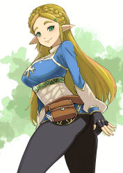 Rule 34 | 1girl, absurdres, ass, black gloves, black pants, blonde hair, braid, breasts, closed mouth, crown braid, fingerless gloves, gloves, green eyes, hair ornament, hairclip, highres, large breasts, legs apart, long hair, long sleeves, looking at viewer, muramasa mikado, nintendo, pants, parted bangs, pointy ears, pouch, princess zelda, puffy long sleeves, puffy sleeves, sidelocks, smile, solo, standing, the legend of zelda, the legend of zelda: breath of the wild, tight clothes, tight pants