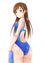 Rule 34 | 10s, 1girl, absurdres, ass, blue one-piece swimsuit, brown eyes, brown hair, competition swimsuit, from behind, highres, idolmaster, idolmaster cinderella girls, idolmaster cinderella girls starlight stage, kanbee0000, long hair, looking at viewer, looking back, nitta minami, one-piece swimsuit, smile, solo, standing, swimsuit, towel