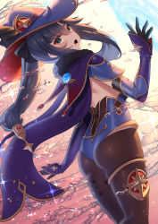 Rule 34 | 1girl, :o, absurdres, akagi kurage, ass, black gloves, black hair, blue hat, blue leotard, cape, commentary request, crescent, crescent pin, detached sleeves, from behind, fur collar, genshin impact, gloves, gradient background, green eyes, hat, hat ornament, highres, hydrokinesis, leotard, long hair, long sleeves, looking at viewer, looking back, magic circle, mona (genshin impact), open mouth, pink background, purple cape, sleeves past wrists, solo, sparkle, thighlet, twintails, v-shaped eyebrows, very long hair, water, witch hat