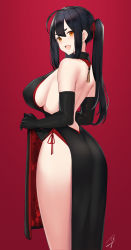 Rule 34 | 1girl, absurdres, ahoge, ass, back, backless dress, backless outfit, black dress, black gloves, black hair, blush, breasts, dress, elbow gloves, fang, gloves, hayabusa, highres, large breasts, long hair, looking at viewer, mole, mole on breast, mole under eye, open mouth, original, red background, side slit, sideboob, sidelocks, simple background, smile, solo, tassel, twintails, yellow eyes