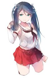 Rule 34 | 1girl, aqua eyes, bare shoulders, black neckerchief, blue hair, cowboy shot, detached sleeves, hair ribbon, hand in own hair, isuzu (kancolle), kantai collection, long hair, looking at viewer, neckerchief, pleated skirt, red skirt, ribbon, satsumi, school uniform, serafuku, simple background, skirt, smile, solo, swept bangs, twintails, white background, white ribbon