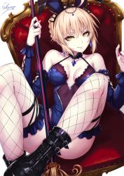 Rule 34 | 1girl, ahoge, animal ears, artoria pendragon (alter swimsuit rider) (fate), artoria pendragon (alter swimsuit rider) (third ascension) (fate), artoria pendragon (fate), black footwear, black thighhighs, blonde hair, blue leotard, boots, braid, breasts, broom, chair, choker, cleavage cutout, clothing cutout, commentary, detached sleeves, fake animal ears, fate/grand order, fate (series), fishnet thighhighs, fishnets, gem, glint, hairband, hand up, highres, holding, holding broom, holding weapon, jacket, jewelry, knees up, leotard, light particles, light smile, looking at viewer, medium breasts, multicolored leotard, multiple rings, nail polish, navel, open clothes, purple gemstone, purple leotard, purple lips, rabbit ears, red nails, ribbon, ring, sakiyamama, shoes, short hair, signature, simple background, sitting, solo, thighhighs, tsurime, weapon, white background, yellow eyes