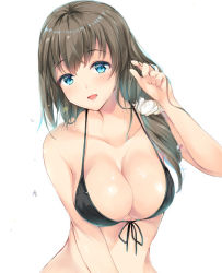 Rule 34 | 1girl, :d, bad id, bad pixiv id, bare arms, bare shoulders, bikini, black bikini, black ribbon, blue eyes, blush, breasts, brown hair, cleavage, collarbone, front-tie bikini top, front-tie top, hair ornament, hair over shoulder, hair scrunchie, hand up, large breasts, long hair, looking at viewer, low-tied long hair, low ponytail, mole, mole under eye, open mouth, original, ribbon, scrunchie, shiny skin, smile, solo, suihi, swimsuit, tareme, upper body