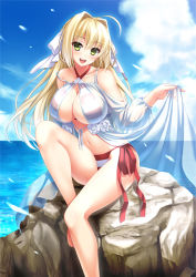 Rule 34 | 10s, 1girl, ahoge, bare shoulders, bikini, blonde hair, blush, breasts, cleavage, collarbone, day, dress, fate/extra, fate/grand order, fate (series), female focus, green eyes, hair down, hair intakes, hair ornament, hair ribbon, halterneck, highres, huge breasts, leg lift, long hair, long twintails, looking at viewer, navel, nero claudius (fate), nero claudius (fate) (all), nero claudius (fate/extra), nero claudius (swimsuit caster) (fate), nero claudius (swimsuit caster) (third ascension) (fate), ocean, open clothes, outdoors, red bikini, ribbon, see-through, sennri sabanegi, side-tie bikini bottom, sitting, smile, solo, striped bikini, striped clothes, summer, sundress, swimsuit, twintails