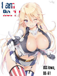 Rule 34 | 10s, 1girl, asymmetrical legwear, bare shoulders, belt, bent over, blonde hair, blush, breasts, character name, cleavage, elbow gloves, english text, fingerless gloves, front-tie top, garter straps, gloves, grin, hair between eyes, iowa (kancolle), kantai collection, large breasts, long hair, looking at viewer, midriff, miniskirt, mismatched legwear, navel, no headwear, one eye closed, pointing, purple eyes, shiny skin, signature, skirt, smile, solo, star-shaped pupils, star (symbol), striped clothes, striped skirt, striped thighhighs, symbol-shaped pupils, thighhighs, unworn headgear, vertical-striped clothes, vertical-striped skirt, vertical-striped thighhighs, very long hair, yukinon, yukinon (tsuki koubou)