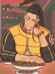 Rule 34 | 1boy, abs, bracelet, braid, braided ponytail, chopsticks, earrings, food, hand on own face, hand on table, high braid, highres, jacket, jamie siu, jewelry, lantern, looking at viewer, male focus, paper lantern, parasol, partially unzipped, raised eyebrows, sa1k0p, smile, solo, street fighter, street fighter 6, stud earrings, toned, toned male, umbrella, undercut, upper body, yellow jacket