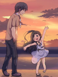 Rule 34 | 1boy, 1girl, ;d, anyannko, bad id, bad pixiv id, black hair, brown eyes, child, cloud, highres, long hair, ocean, one eye closed, open mouth, original, outstretched arms, sandals, sketch, sky, smile, spread arms, sunset, wink