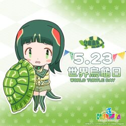 Rule 34 | 1girl, chinese text, green hair, highres, kemono friends, kemono friends 3, kurokw, looking at viewer, official art, red-eared slider (kemono friends), short hair, simple background, solo, tail