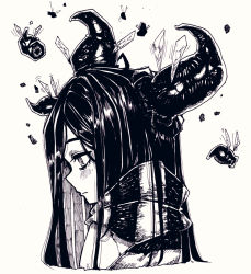 Rule 34 | 1girl, amissio, aria wintermint, blush, bug, closed mouth, from side, frown, greyscale, hair over one eye, horns, long hair, looking away, monochrome, parororo, sad, solo, the crawling city, upper body