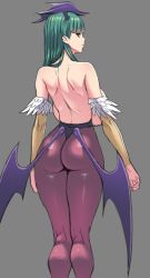Rule 34 | 1girl, amamiya (abaros), ass, back, breasts, breasts out, capcom, eyelashes, from behind, green hair, huge breasts, large breasts, long hair, looking back, low wings, morrigan aensland, simple background, vampire (game), wings