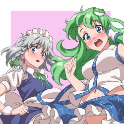 Rule 34 | 2girls, apron, blue dress, blue eyes, blue skirt, braid, breasts, clothes lift, commentary request, commission, dress, embarrassed, frog hair ornament, green hair, grey hair, gyouza (mhea5724), hair ornament, izayoi sakuya, kochiya sanae, medium breasts, midriff, multiple girls, navel, no panties, out-of-frame censoring, shirt, skeb commission, skirt, skirt lift, teeth, touhou, twin braids, upper teeth only, vest, waist apron, white shirt, white vest