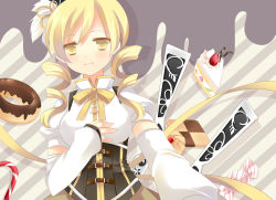 Rule 34 | 10s, 1girl, beret, blonde hair, breasts, cake, cake slice, candy, candy cane, checkerboard cookie, cookie, corset, detached sleeves, doughnut, drill hair, food, gun, hair ornament, hairpin, hat, magical girl, magical musket, mahou shoujo madoka magica, mahou shoujo madoka magica (anime), puffy sleeves, ribbon, rifle, shirt, skirt, smile, solo, takase kanan, taut clothes, taut shirt, tomoe mami, twin drills, twintails, weapon, yellow eyes