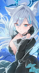 Rule 34 | 1girl, animal ear fluff, animal ears, artist name, black dress, black gloves, blue archive, blue eyes, blush, breasts, cleavage, commentary, cross hair ornament, dark halo, dress, extra ears, gloves, grey hair, hair ornament, halo, haruri, highres, large breasts, long hair, long sleeves, looking at viewer, open mouth, shiroko (blue archive), shiroko terror (blue archive), signature, solo, wolf ears
