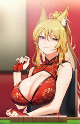 Rule 34 | 1girl, animal ear fluff, animal ears, artist request, blonde hair, blurry, blurry background, blush, breasts, bridal gauntlets, china dress, chinese clothes, cleavage, cleavage cutout, clothing cutout, commission, depth of field, dress, dungeon and fighter, ellin meiji, fang, fingerless gloves, fingernails, gloves, hair between eyes, highres, holding, holding mahjong tile, huge breasts, long hair, mahjong, mahjong tile, red dress, red eyes, red gloves, second-party source, sidelocks, skin fang, smirk, solo