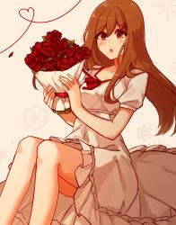 Rule 34 | 1girl, absurdres, ayanobro, blush, bouquet, brown eyes, brown hair, dress, flower, hair ornament, heart, highres, kagerou project, long hair, open mouth, rose, tateyama ayano