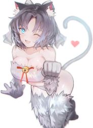 Rule 34 | 1girl, :d, ;d, absurdres, animal ears, animal hands, bare shoulders, bell, blue eyes, blurry, blurry background, bow, breasts, cat ears, cat girl, cat tail, cleavage, collarbone, commentary request, depth of field, elbow gloves, gloves, grey bow, grey gloves, grey thighhighs, hair bow, heart, highres, jingle bell, kemonomimi mode, looking at viewer, medium breasts, one eye closed, open mouth, parted bangs, paw gloves, senran kagura, senran kagura peach ball, simple background, smile, solo, tail, tarbo (exxxpiation), thighhighs, white background, yumi (senran kagura)