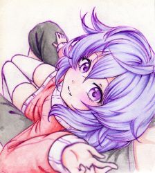 Rule 34 | 1boy, 1girl, absurdres, blush, hand on another&#039;s thigh, highres, isaki tanaka, kami jigen game neptune v, looking up, neptune (series), no pants, pov, purple eyes, purple hair, pururut, simple background, sitting, smile, sweater, thighhighs, traditional media, white thighhighs