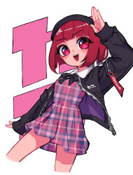 Rule 34 | 1girl, absurdres, arima kana, black hat, black jacket, bob cut, dress, happy, hat, highres, inverted bob, jacket, open mouth, osakechan0, oshi no ko, red eyes, red hair, short hair, simple background, smile, solo, striped