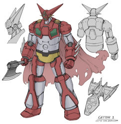 Rule 34 | absurdres, axe, cape, clenched hand, getter-1, getter robo, getter robo (1st series), highres, holding, holding axe, looking down, mecha, multiple views, no humans, redesign, robot, super robot, white background, yellow eyes, zen (jirakun)