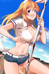 Rule 34 | 1girl, absurdres, blue eyes, blue shorts, blush, breasts, charlotte e. yeager, cleavage, highres, hiroshi (hunter-of-kct), large breasts, long hair, looking at viewer, navel, open mouth, orange hair, outdoors, rabbit ears, rabbit tail, road, short shorts, shorts, sky, smile, solo, strike witches, world witches series