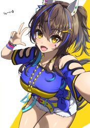 Rule 34 | 1girl, absurdres, animal ears, azuki (azuki azukki), bare shoulders, bead bracelet, beads, belt, blue bracelet, blue hair, blue shirt, bracelet, breasts, brown hair, clothing cutout, colored inner hair, commentary request, cowboy shot, daitaku helios (umamusume), ear covers, facial tattoo, fang, hair ornament, hairclip, highres, horse ears, horse girl, horse tail, jewelry, medium hair, multicolored hair, necklace, open mouth, pencil behind ear, red bracelet, shirt, short sleeves, shorts, shoulder cutout, side ponytail, simple background, skin fang, smile, solo, streaked hair, tail, tattoo, two-tone background, two-tone shirt, umamusume, w, white background, white shorts, yellow background, yellow belt, yellow eyes, yellow shirt