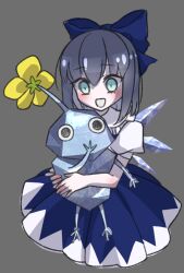 Rule 34 | 1girl, black eyes, blue bow, blue dress, blue eyes, blue skin, bow, cirno, collared shirt, colored skin, commentary request, crossover, dress, eyelashes, fairy, fairy wings, flower, grey background, grey hair, hair bow, hand on own face, ice, ice pikmin, ice wings, light blush, nintendo, no mouth, open mouth, pikmin (creature), pikmin (series), puffy short sleeves, puffy sleeves, shirt, short hair, short sleeves, sleeveless, sleeveless dress, smile, tepes017rotten, touhou, triangle print, white shirt, white trim, wings, yellow flower