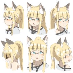 Rule 34 | 1girl, :d, ^ ^, animal ears, bare shoulders, blue eyes, blush, closed eyes, closed mouth, cropped torso, fox ears, glasses, grey shirt, highres, kuro kosyou, long hair, multiple views, nose blush, open mouth, original, ponytail, shaded face, shirt, simple background, smile, sweat, upper body, v-shaped eyebrows, white background