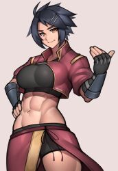 Rule 34 | 1girl, abs, absurdres, black hair, borrowed character, breasts, brown eyes, closed mouth, commission, fingerless gloves, gloves, hair ornament, hairclip, highres, large breasts, looking at viewer, muscular, muscular female, navel, original, roadi3, short hair, smile, solo