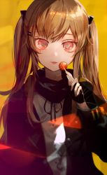 Rule 34 | 1girl, :3, bad id, bad twitter id, black gloves, black jacket, black ribbon, black scarf, brown hair, commentary request, fingerless gloves, girls&#039; frontline, gloves, hair ornament, hair ribbon, hairclip, hand up, jacket, long hair, long sleeves, looking at viewer, neck ribbon, red eyes, ribbon, scarf, shirt, simple background, solo, tlla, twintails, ump45 (girls&#039; frontline), upper body, white shirt, yellow background