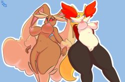 Rule 34 | 2girls, animal ears, arms behind back, black eyes, blue background, breasts, cleft of venus, colored sclera, creatures (company), delphox, diamond (shape), fox ears, fox tail, from below, furry, game freak, gen 4 pokemon, gen 6 pokemon, half-closed eyes, highres, immortalstar, large breasts, legs apart, looking at viewer, looking down, lopunny, multiple girls, navel, nintendo, nipples, nude, pokemon, pokemon (creature), pokemon dppt, pokemon xy, pussy, rabbit ears, rabbit tail, red eyes, red sclera, signature, simple background, smile, standing, tail, text focus, uncensored