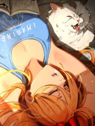 Rule 34 | 1girl, absurdres, armpits, blonde hair, blue tank top, borrowed inset, cat, chainsaw man, closed eyes, clothes writing, highres, horns, hoshino aquamarine, hoshino ruby, imagine dragons, khyle., kiss, manga (object), meowy (chainsaw man), official art inset, open mouth, oshi no ko, power (chainsaw man), sharp teeth, solo, spoilers, tank top, teeth, upper body, white cat