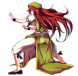 Rule 34 | 1girl, baba (baba seimaijo), bow, braid, closed eyes, fighting stance, full body, hair bow, hat, highres, hong meiling, long hair, parody, red hair, shoes, short sleeves, shorts, smile, solo, star (symbol), style parody, tachi-e, touhou, transparent background, twin braids, very long hair, wristband