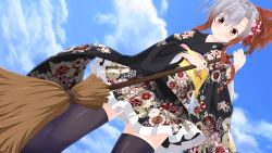 Rule 34 | 1girl, black thighhighs, blue sky, blush, broom, brown hair, commentary request, day, dutch angle, floral print, flower, gradient hair, hair between eyes, hair flower, hair ornament, holding, holding broom, japanese clothes, kimono, kisaragi yuu (re:lucks), long sleeves, looking at viewer, multicolored hair, original, outdoors, silver hair, sky, solo, tattoo, thighhighs, zettai ryouiki