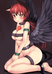 Rule 34 | 1girl, 463 jun, animal ears, bdsm, belt, belt bra, bird wings, black wings, blush, bondage, bottomless, bound, breasts, breasts squeezed together, cat ears, cat tail, cleavage, collar, crying, fusion, highres, kaenbyou rin, large breasts, long hair, looking at viewer, low wings, multiple tails, naked belt, nekomata, radiation symbol, radiation symbol-shaped pupils, red eyes, red hair, reiuji utsuho, restrained, sitting, slave, solo, symbol-shaped pupils, tail, third eye, touhou, v arms, very long hair, wariza, wings