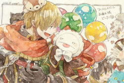Rule 34 | 1girl, 3boys, animal hood, balloon, black scarf, blonde hair, bow, bowtie, brown capelet, brown coat, brown gloves, capelet, cat, cat hood, closed mouth, coat, commentary request, dated, gloves, hood, looking at another, masked, minstrel (ragnarok online), multiple boys, open mouth, ragnarok online, ranger (ragnarok online), rebellion (ragnarok online), red scarf, scarf, short hair, smile, striped clothes, striped scarf, stuffed animal, stuffed toy, summoner (ragnarok online), teddy bear, teddy bear hair ornament, tokio (okt0w0), traditional media, upper body, white bow, white bowtie, white hair, white scarf, wolf, yellow eyes, yellow scarf