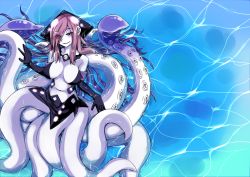 Rule 34 | 1girl, blush, breasts, cleavage, elbow gloves, for-u, gloves, hair over one eye, hat, kraken (monster girl encyclopedia), large breasts, long hair, looking up, monster girl, monster girl encyclopedia, navel, pale skin, partially submerged, purple eyes, purple hair, scylla, sidelocks, smile, solo, squid, suction cups, tentacles