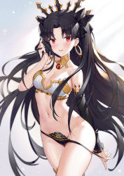 Rule 34 | 1girl, absurdres, bad id, bad pixiv id, bare shoulders, black hair, black panties, bra, breasts, cleavage, collar, cowboy shot, earrings, fate/grand order, fate (series), gold trim, hair ornament, hand up, highres, hoop earrings, ishtar (fate), jewelry, long hair, looking at viewer, medium breasts, mo xiaoxue, navel, panties, panty pull, parted bangs, parted lips, red eyes, smile, solo, stomach, thighs, two side up, underwear, very long hair, white bra