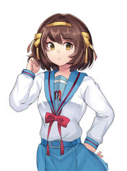 Rule 34 | 1360110, 1girl, absurdres, belt, blue sailor collar, blue skirt, bob cut, brown eyes, brown hair, closed mouth, commentary, hair ribbon, hairband, hand in own hair, hand on own hip, highres, kita high school uniform, long sleeves, looking to the side, red ribbon, ribbon, sailor collar, school uniform, serafuku, short hair, simple background, skirt, solo, suzumiya haruhi, suzumiya haruhi no yuuutsu, white background, yellow hairband, yellow ribbon