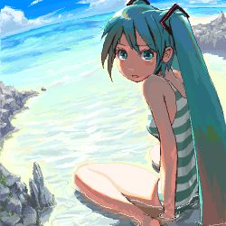 Rule 34 | 1girl, aqua eyes, aqua hair, arm support, bad id, bad pixiv id, bare shoulders, barefoot, blush stickers, casual one-piece swimsuit, cloud, day, dutch angle, from behind, hashimoto (sunehari0109), hatsune miku, heus (nuntarou), horizon, long hair, looking back, lowres, ocean, oekaki, one-piece swimsuit, shade, sitting, sky, solo, striped clothes, striped one-piece swimsuit, swimsuit, very long hair, vocaloid, wariza, water