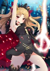 Rule 34 | 1girl, :d, arm up, armpits, bare legs, black detached sleeves, black dress, black panties, blonde hair, blush, breasts, cage, cape, commentary request, crown, detached sleeves, dress, ereshkigal (fate), fate/grand order, fate (series), female focus, floating hair, gold trim, highres, legs, light particles, long hair, looking at viewer, magic, medium breasts, mush (mushlicious), open mouth, panties, parted bangs, red cape, red eyes, short dress, sideboob, single detached sleeve, single sleeve, smile, solo, standing, strapless, strapless dress, tiara, tohsaka rin, two side up, type-moon, underwear, v-shaped eyebrows