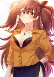 Rule 34 | 1girl, absurdres, bra, breasts, brown hair, collar, dr. arach, highres, lace, lace bra, large breasts, long hair, orange vest, patterned clothing, shimotsukishin, smile, tsukihime, tsukihime (remake), underwear, vest, yellow eyes
