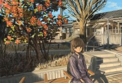 Rule 34 | 1girl, absurdres, anko1127, architecture, bare tree, bench, blue sky, bright pupils, brown eyes, brown hair, building, commentary request, east asian architecture, evening, flower, hair behind ear, highres, jacket, long sleeves, looking to the side, medium hair, on bench, original, outdoors, pants, park, park bench, planter, purple jacket, purple pants, red flower, scenery, shadow, sitting, sky, solo, track jacket, track pants, tree, white pupils, wide shot