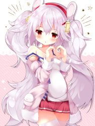 Rule 34 | 1girl, animal ears, azur lane, bare shoulders, blush, breasts, camisole, chestnut mouth, commentary request, fuuna thise, hair between eyes, hair ornament, hairband, heart, heart hands, jacket, laffey (azur lane), long hair, off shoulder, open clothes, open jacket, parted lips, pink jacket, pleated skirt, rabbit ears, red eyes, red hairband, red skirt, silver hair, skirt, small breasts, solo, star (symbol), strap slip, thighhighs, twintails, very long hair, white camisole, white thighhighs