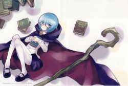 Rule 34 | absurdres, blue cape, blue hair, book, hugging book, cape, copyright name, highres, holding, holding book, huge filesize, non-web source, hugging object, official art, pantyhose, red-framed eyewear, semi-rimless eyewear, shirt, simple background, solo, staff, tabitha (zero no tsukaima), thighhighs, under-rim eyewear, usatsuka eiji, white background, white shirt, zero no tsukaima, zettai ryouiki